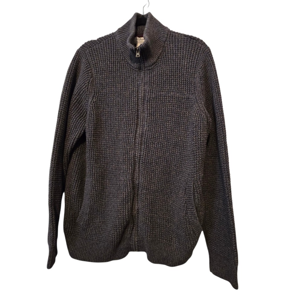 LL Bean Chunky Cardigan Zip Sweater Mens L Gray Organic Cotton Preppy Classic
